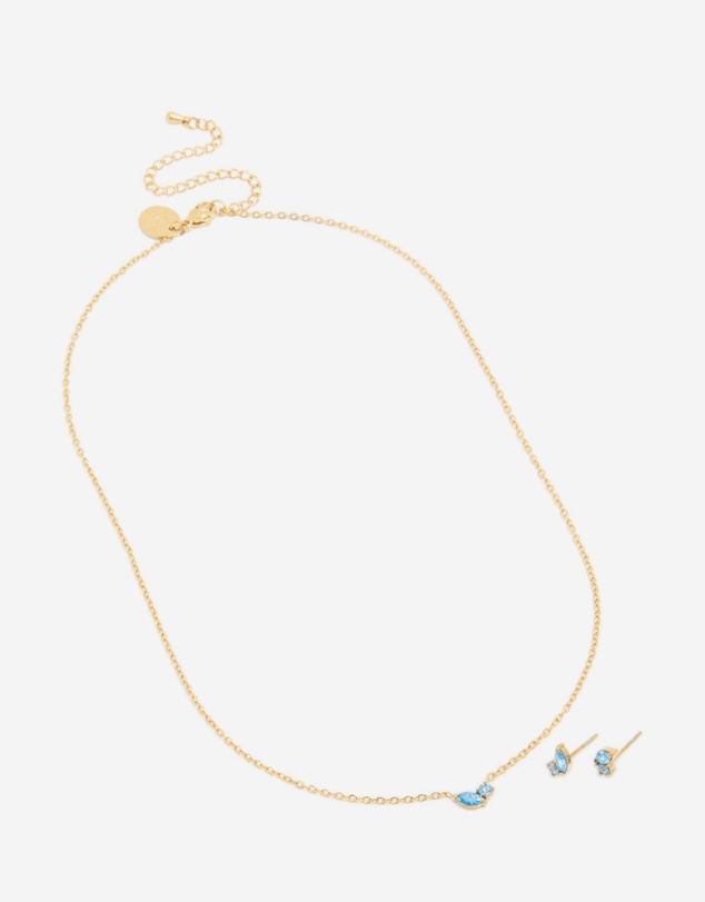 Lovisa - Waterproof Gold Plated Stainless Steel December Cubic Zirconia Blue Birthstone Necklace & Earrings Set