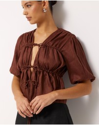 AERE - Linen Gathered Tie Front Top