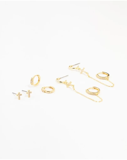 Lovisa - Gold Plated Brass Cross Stud & Chain Earrings 4-Pack
