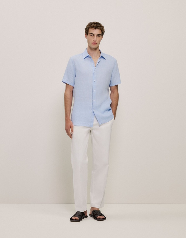 Trenery - Regular Fit Delave Linen Short Sleeve Shirt in Fresh Blue