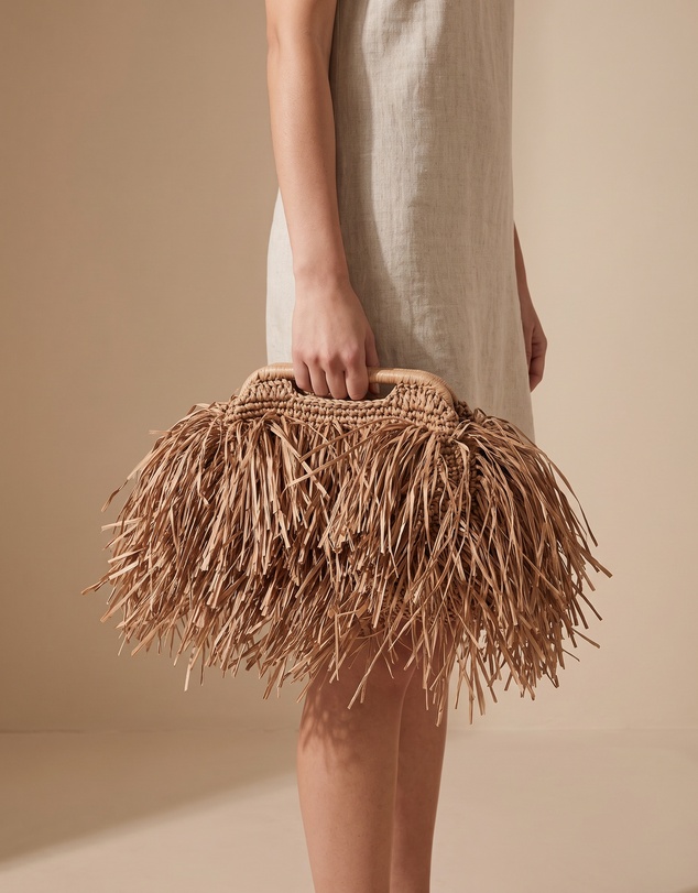 Izoa - Izoa Bridgett Tassel Clutch Tan Hand-Woven Crochet Fringe Bag with Handle