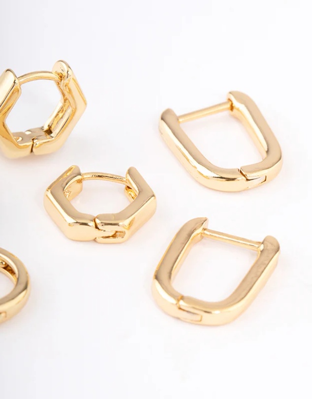 Lovisa - Gold Plated Brass Hexagon Hoop Earrings Pack