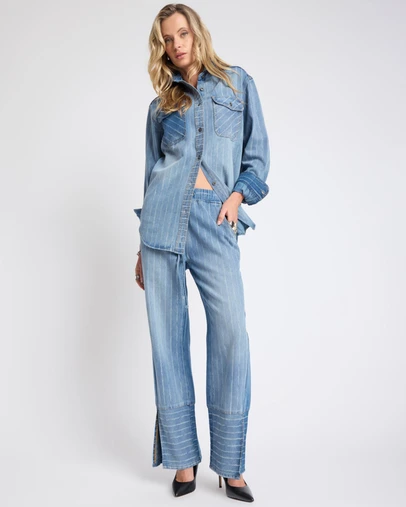 ONE TEASPOON - Roadhouse Mid Waist Wide Leg Drawstring Denim Jeans - Blue Stripe