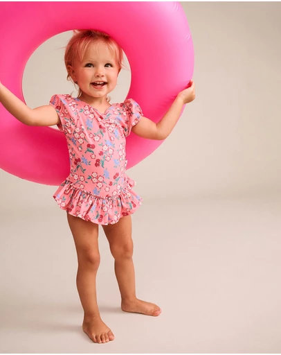Huxbaby - Tropical Cherry Floral Frill Neck Swimsuit - Babies-Teens