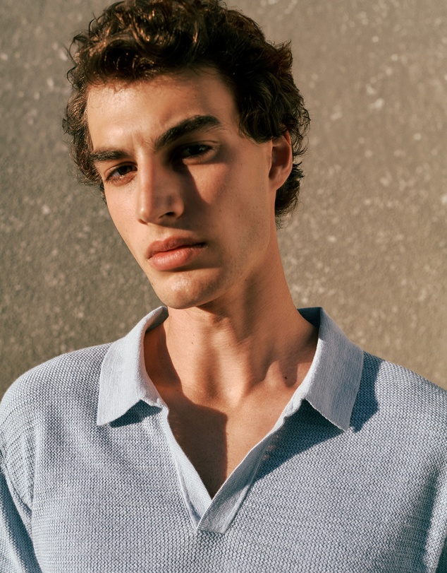 Trenery - Cotton Linen Collared Knit Polo in Ice Blue