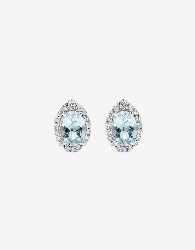 Michael Hill - Oval Cut Blue Aquamarine Gemstone and 0.27 Carat TW Diamond Halo Stud Earrings in 10kt White Gold