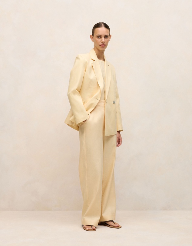 Trenery - Linen Cotton Herringbone Tailored Wide Leg Pant in Butter
