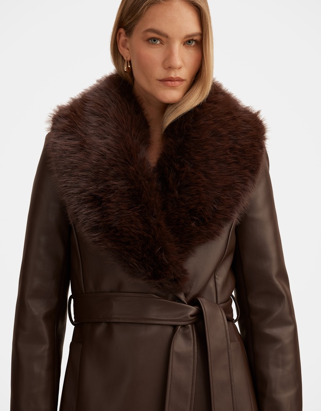 Forever New - Faith Faux Fur Collar Vegan Leather Trench Coat