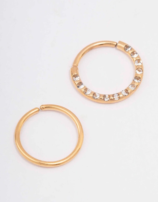 Lovisa - Gold Plated Surgical Steel Cubic Zirconia Textured Nose Ring Pack