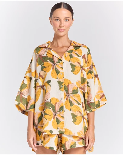 Poolside Paradiso - Tropics 100% Linen Resort Over Shirt - Marigold