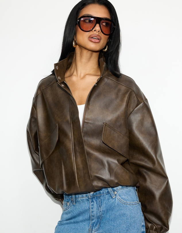 Dazie - Benson Funnel Neck PU Bomber Jacket
