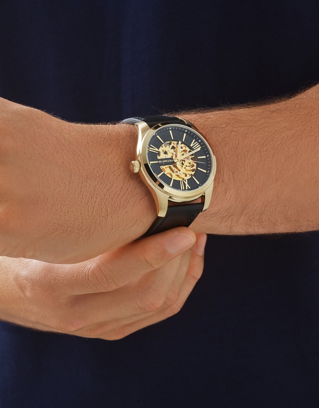 Michael Hill - Michael Hill Automatic Skeleton Watch In Gold Tone Stainless Steel And Leather