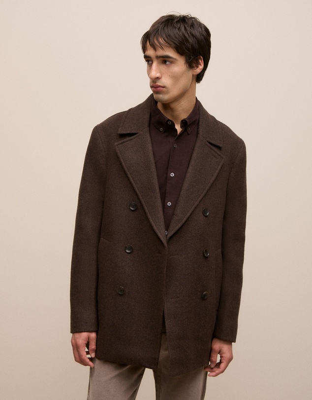 Trenery - Italian Wool Herringbone Peacoat in Coffee Bean