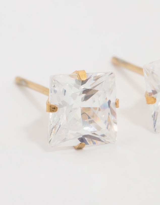 Lovisa - Waterproof Gold Plated Stainless Steel Princess Cut Cubic Zirconia Stud Earrings