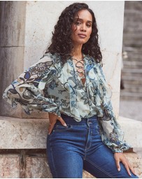 Sosandar - Floral Print Metallic Stripe Blouse With Lace Up Detail