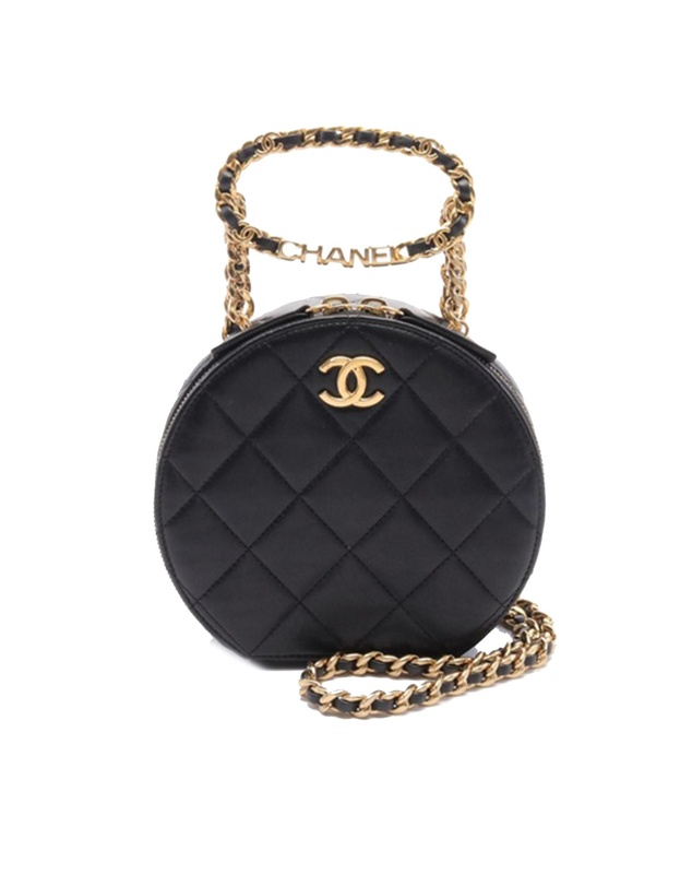 Chanel - Pre-Loved Quilted Lambskin Oval Logo Chain Top Handle Round Clutch on Chain