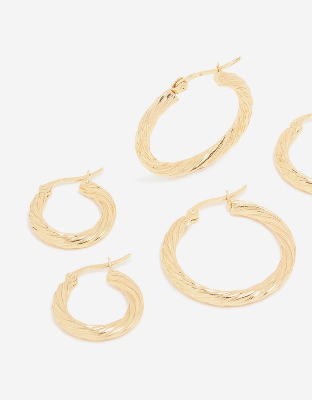 Lovisa - Waterproof Gold Plated Stainless Steel Twisted Hoop Earrings 3-Pack