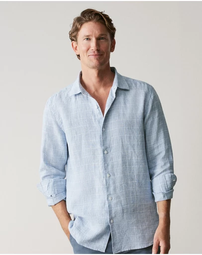 Trenery - Tailored Fit Linen Prince Of Wales Check Shirt in Faded Blue