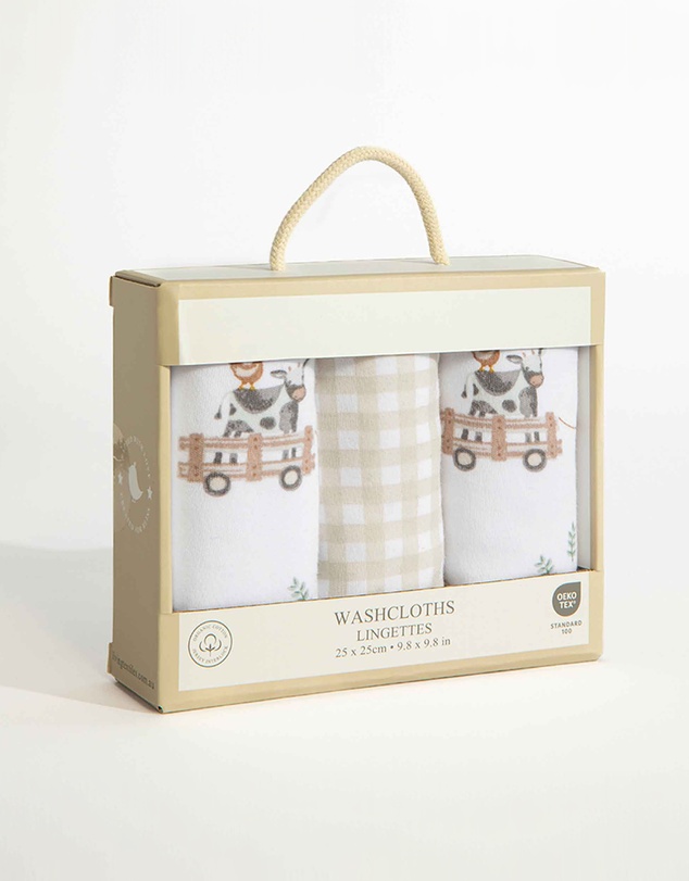 Living Textiles - 3 Pack Organic Wash Cloths - Tractor Ride