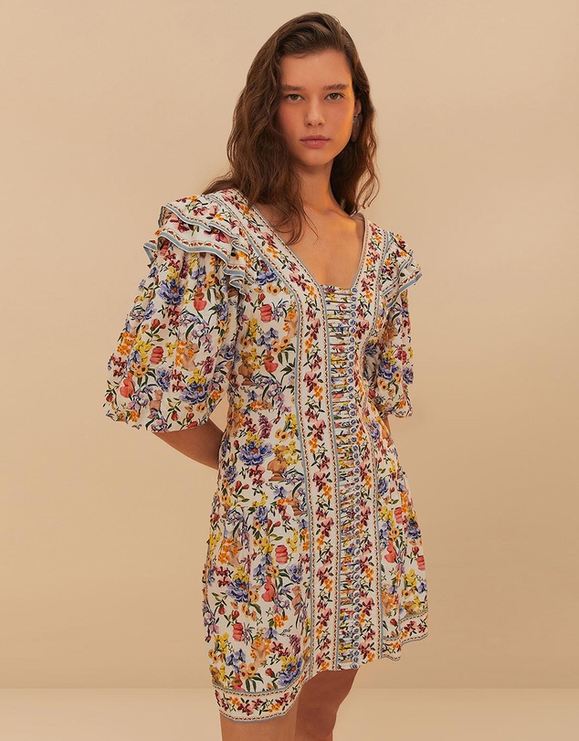 Farm Rio - Greek Garden Off-White Topstitched Yoke Mini Dress