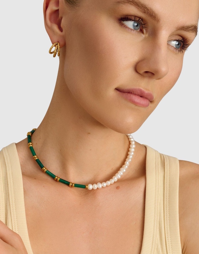 Nialaya Jewellery - Pearl Choker with Green Agate