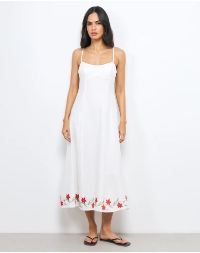 AERE - Sybella Embroidered Linen Midi Dress