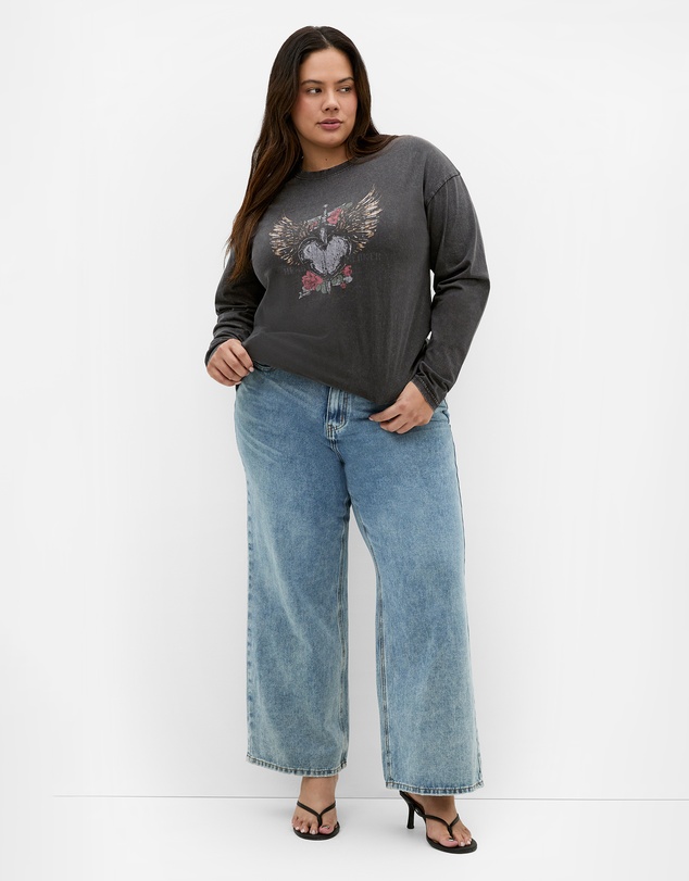 City Chic - Plus size Heart Break Long Sleeve Cotton Tee - charcoal wash