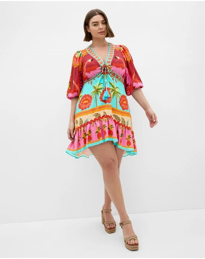 City Chic - Plus size Cabana Print Ruffle Mini Dress - aqua multi