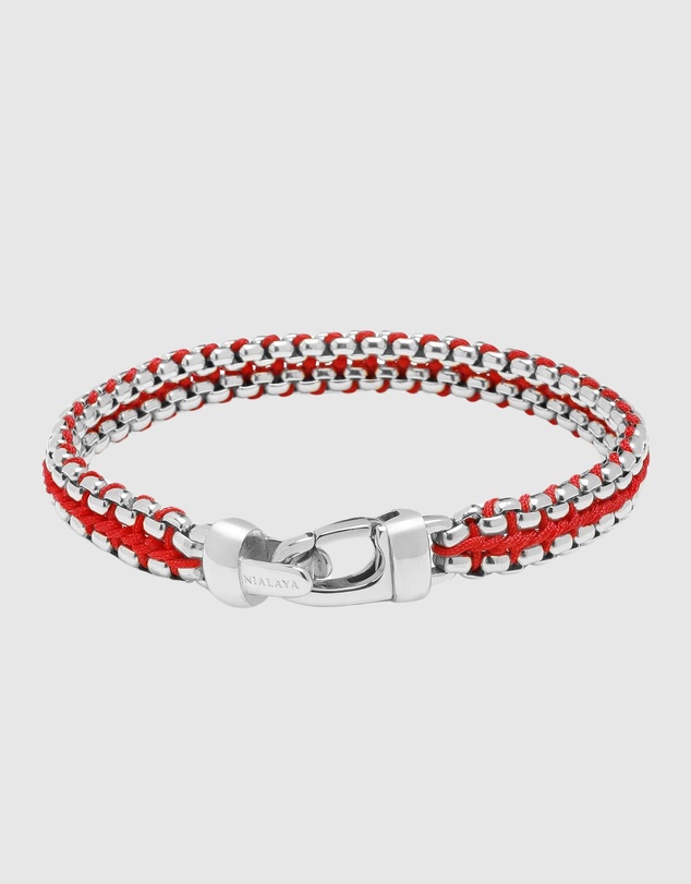Nialaya Jewellery - Men's Red Woven 8mm Box Chain Bracelet in Silver