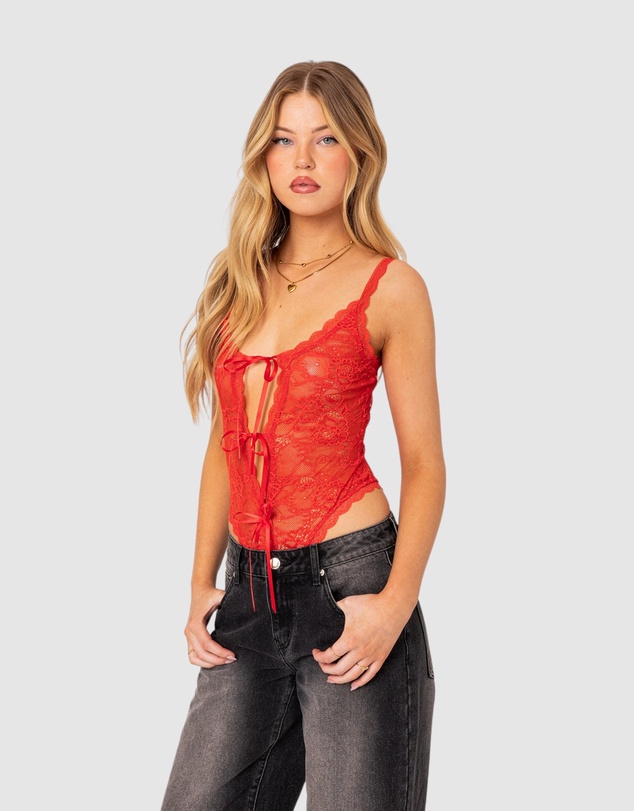 EDIKTED - Maribelle Tie Front Sheer Lace Bodysuit