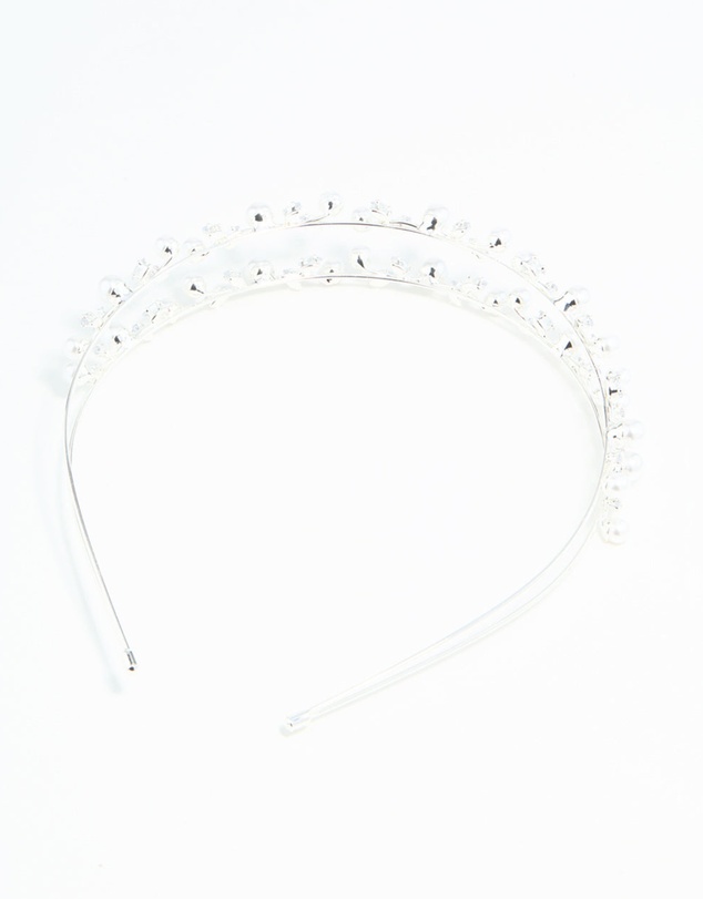 Lovisa - Silver Leaf Diamante Pearl Wire Layered Headband