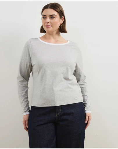 Atmos&Here Curvy - Contrast Long Sleeve Organic Cotton T-Shirt