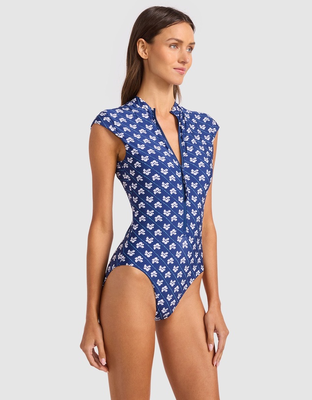 Seafolly - Batik Bloom Cap Sleeve Zip Front One Piece Swimsuit