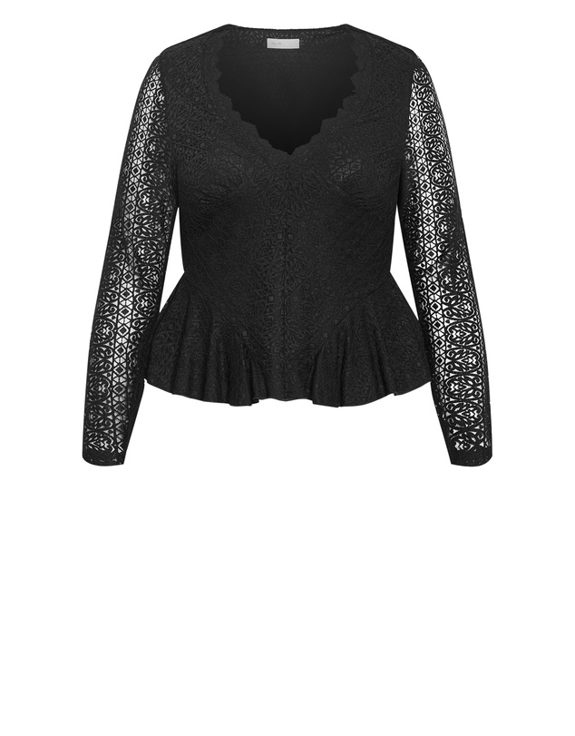 City Chic - Plus size Lola V Neck Lace Top - black