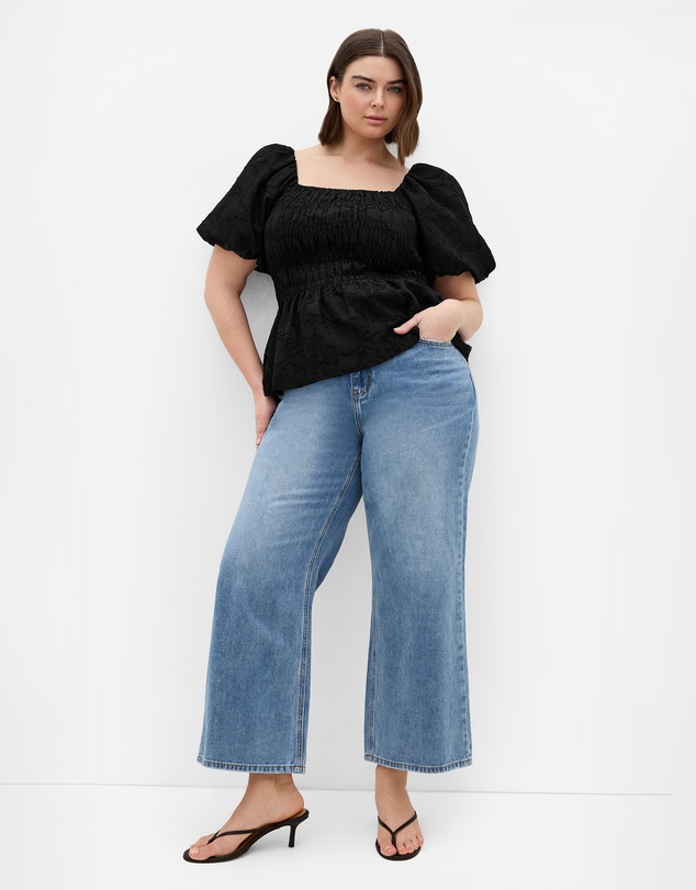 City Chic - Plus size Daniella Jacquard Puff Sleeve Top - black