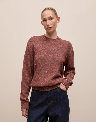 Trenery - Wool Cashmere Sparkle Crew in Red Mahogany