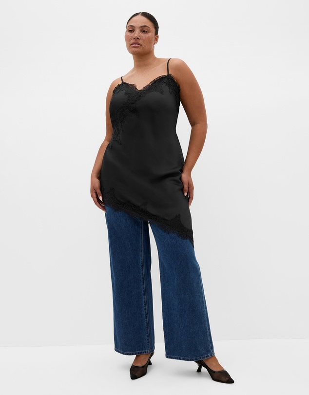City Chic - Plus size Lace Trim Asymmetrical Hem Tunic - black
