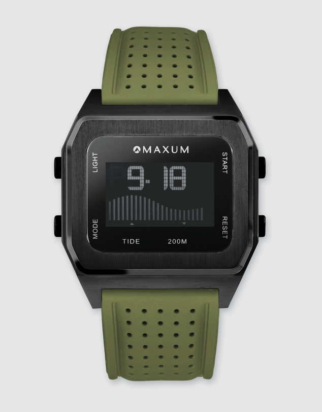 Maxum - Raglan Tide Watch – Black Case, Black Dial & Green Silicone Strap