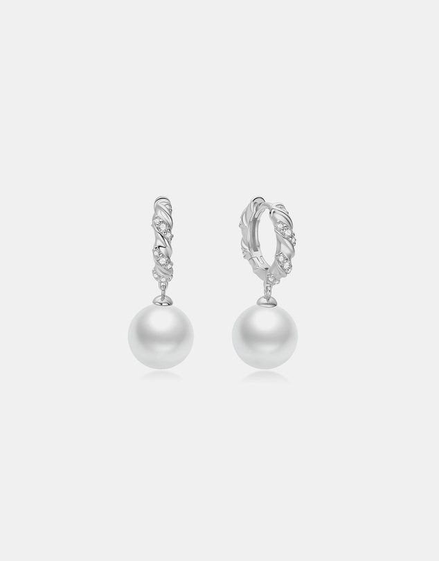 Ania Haie - Silver Shell Pearl Dangling Twisted Huggie Hoop Earrings