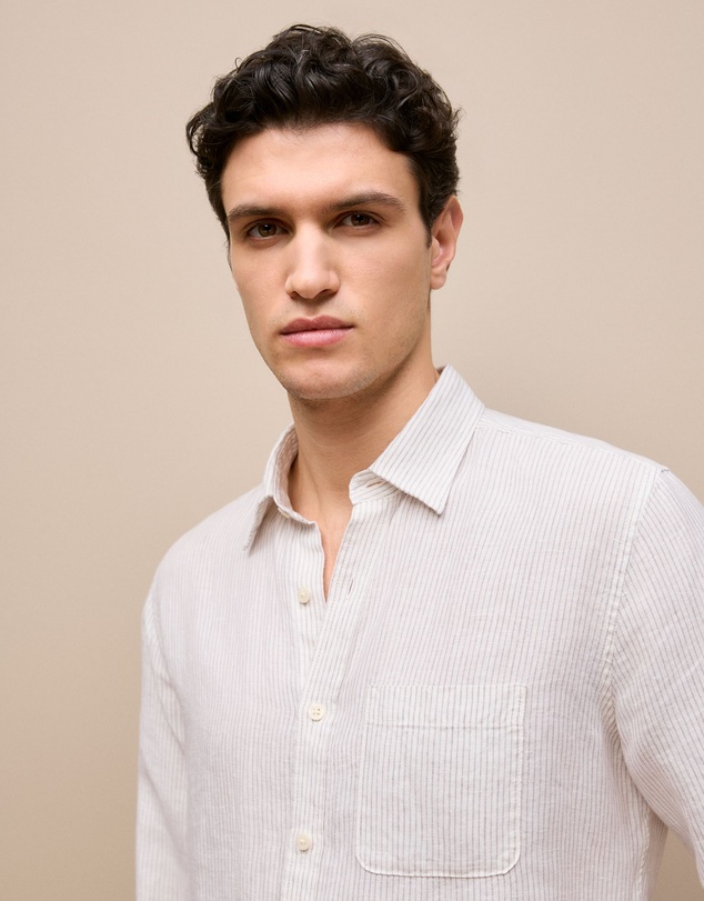 Trenery - Regular Fit Fine Stripe Linen Long Sleeve Shirt in White