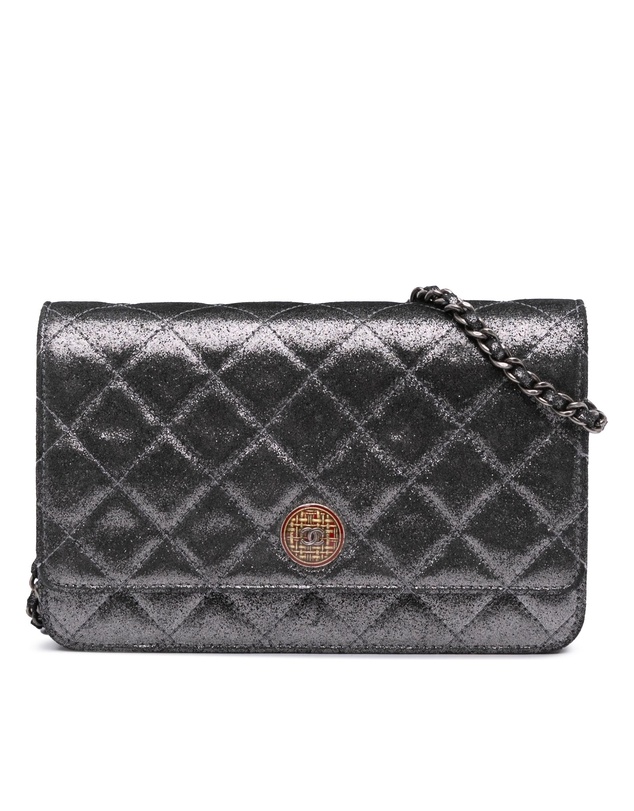 Pre-Loved by Azura Reborn - Pre-Loved Quilted Iridescent Lambskin Tartan Button Wallet On Chain