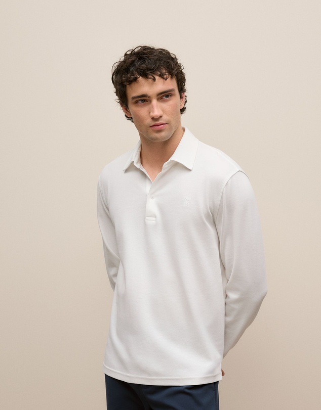 Trenery - Micro Pique Monogram Long Sleeve Polo in White
