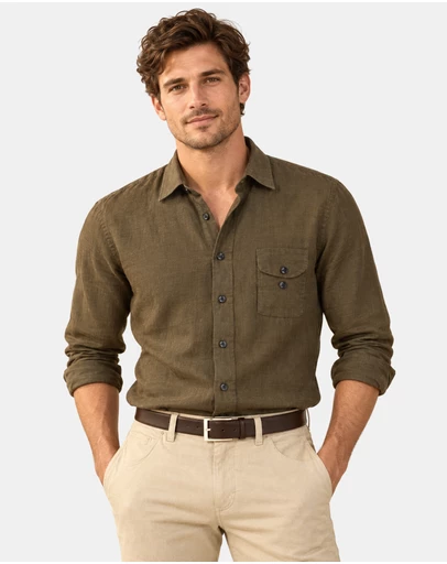 Henry Bucks - HENRY SARTORIAL Linen Classic Fit Shirt OLIVE