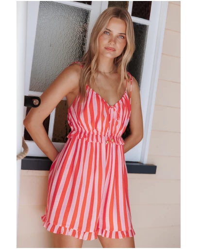 Petal & Pup - Janara Tie Strap Playsuit - Pink/Red Stripe
