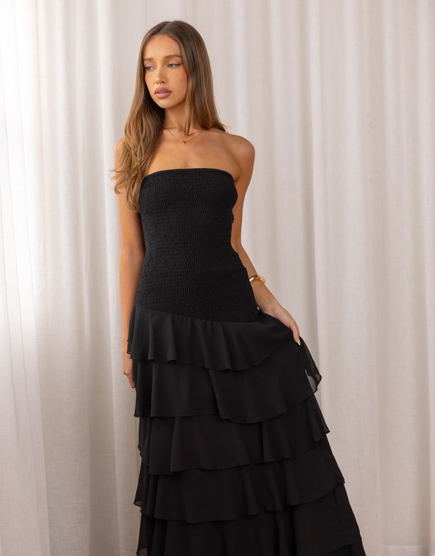 Beginning Boutique - Riles Black Strapless Ruffle Maxi Dress