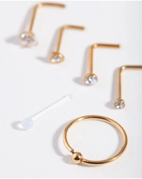 Lovisa - Gold Surgical Steel Mixed Diamante Nose Stud 6-Pack