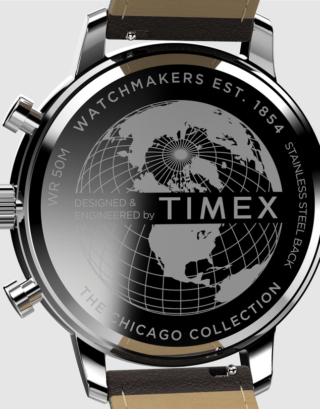 TIMEX - Chicago Chrono 45mm Silver Tone Blue Dial Brown Leather Strap