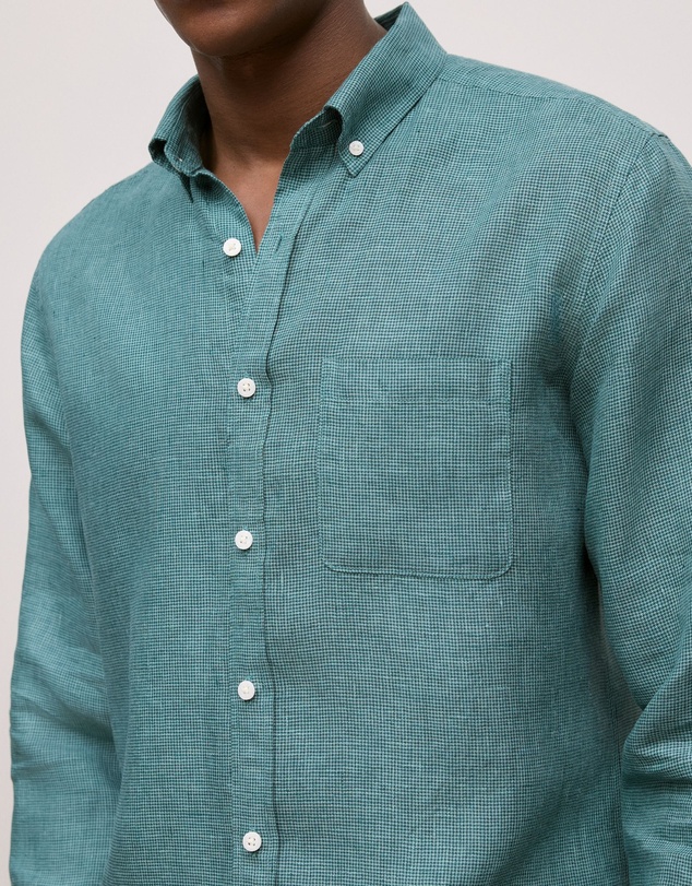 Trenery - Regular Fit Linen Micro Check Long Sleeve Shirt in Jade Green