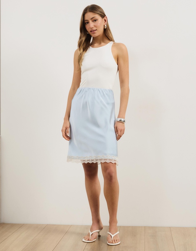 Atmos&Here - Lauren Satin Bias Knee Length Skirt With Lace Hem