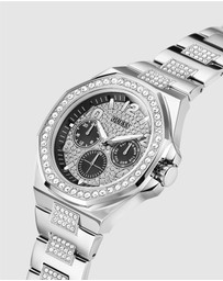 GUESS - Silver-Tone Multi-function Men's 46mm Black Dial with Crystals on Bezel and Strap Analogue Watch